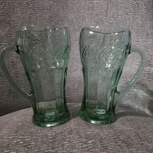 2 Vintage Libbey COCA-COLA Green Glass With Handle High Quality Heavy Mugs